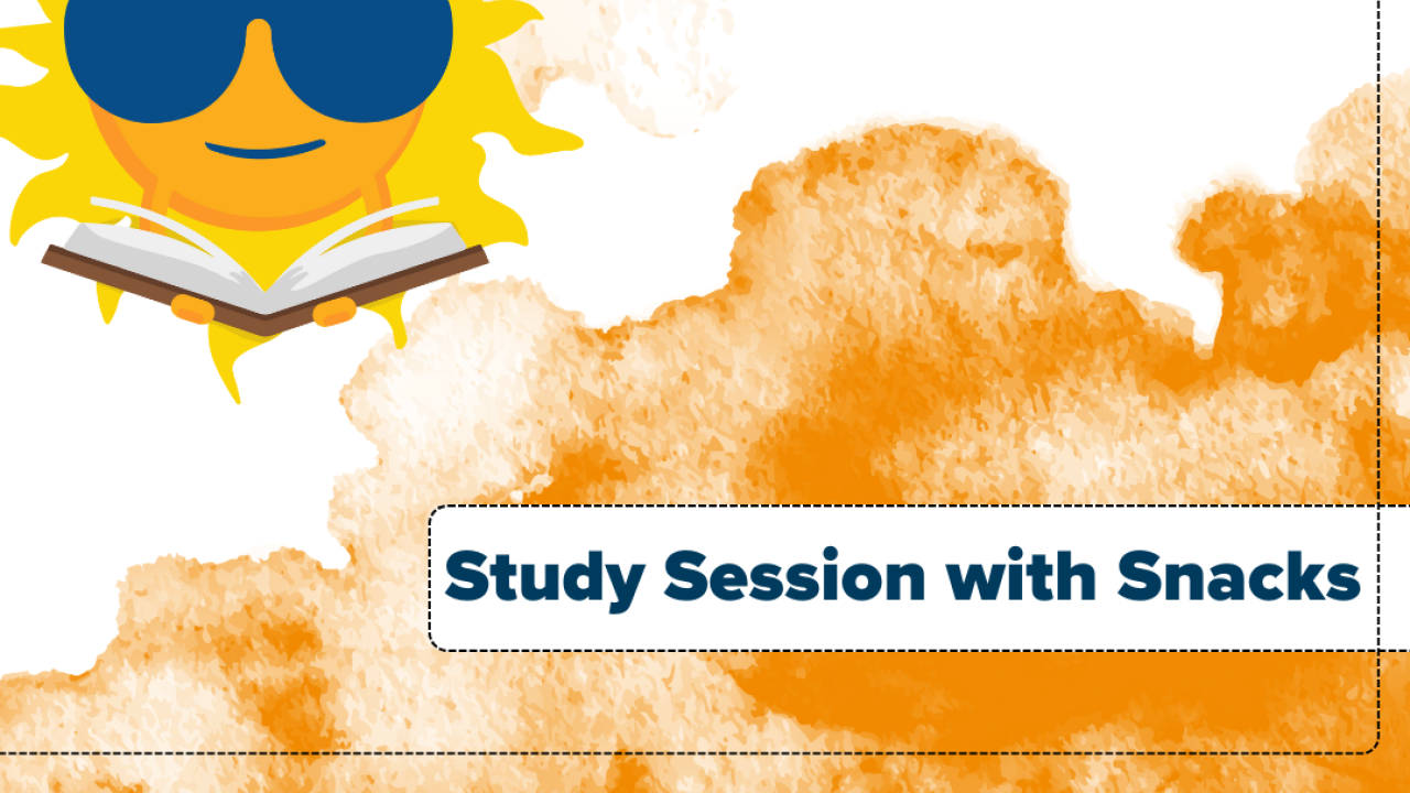 A promotional flyer with a bright sunny character wearing sunglasses and holding an opened book on a dark green and white background. Text reads "Study session with snacks)