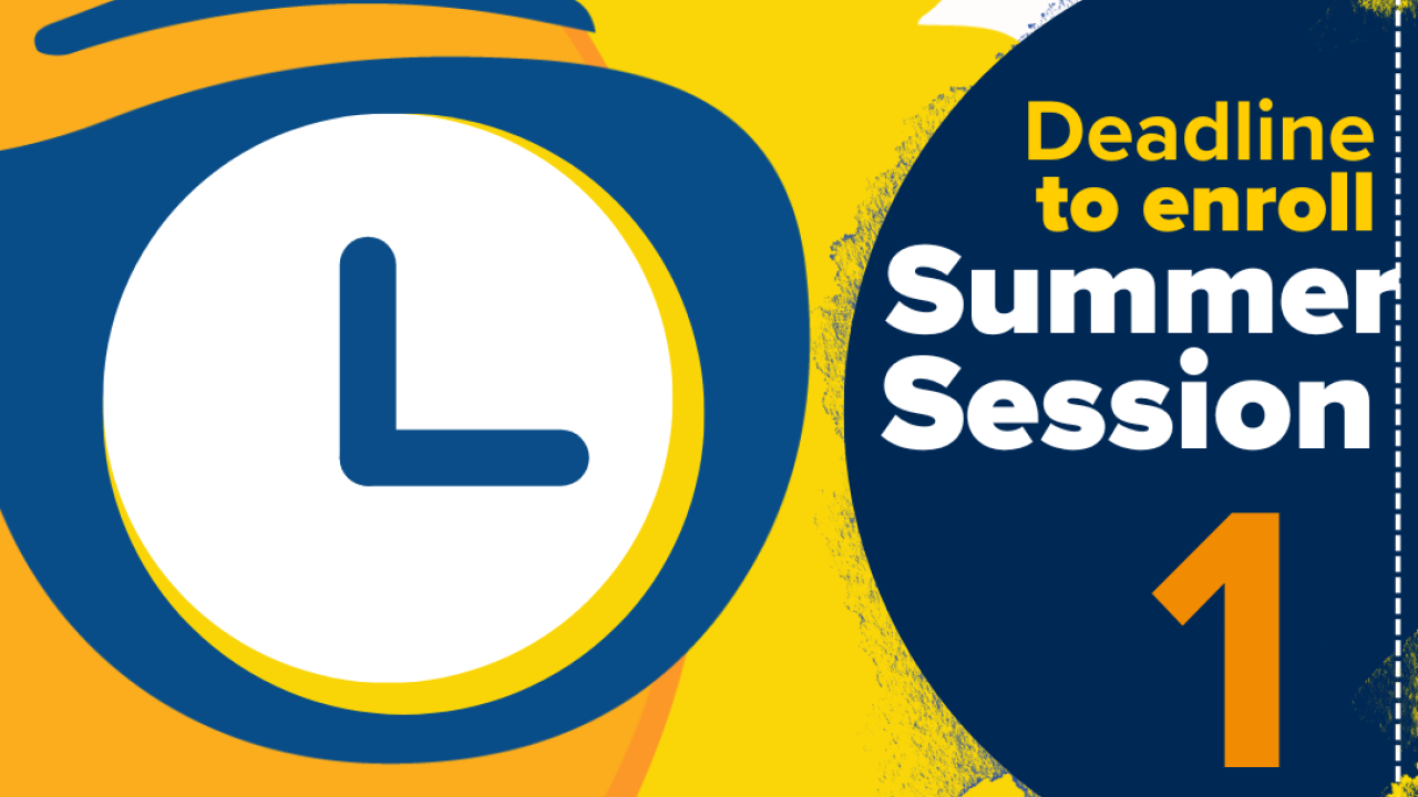 A bright yellow and blue graphic with a clock face inside a stylized sunglasses frame on the left. On the right, bold text reads: "Deadline to enroll Summer Session 1" with "Deadline" and "1" in yellow, "to enroll" in blue, and "Summer Session" in white. The Instagram handle @ucdavissummersessions is in purple at the bottom.