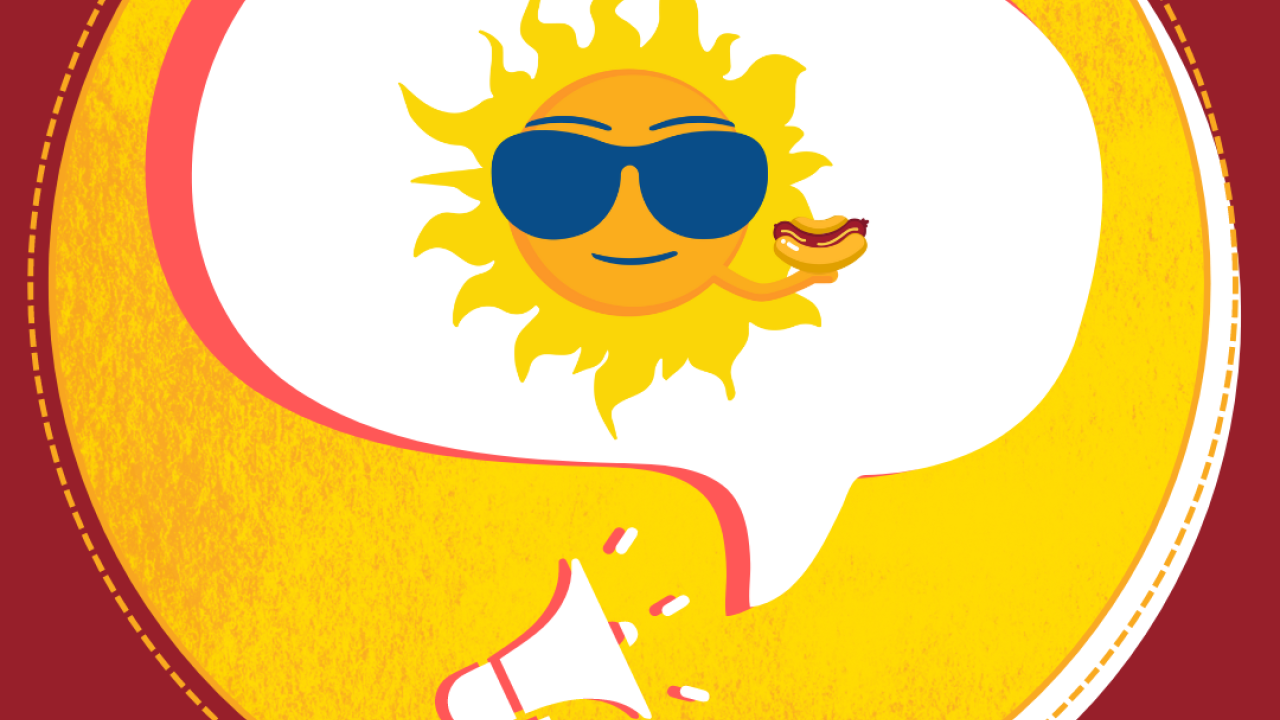 Sunny mascot holding a hot dog