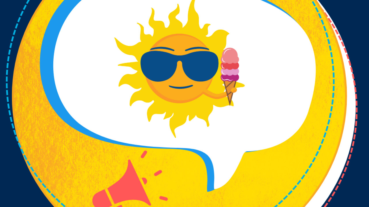Sunny Mascot holding pink ice cream cone.