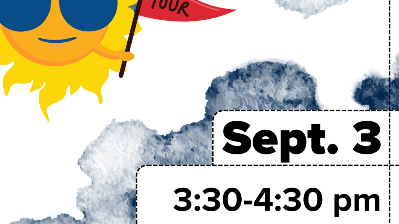 Flyer with a watercolor blue background advertising a “Bohart Museum Drop in Tour” on Sept. 3 from 3:30 to 4:30 pm. The flyer includes a cartoon sun wearing sunglasses holding a red flag labeled “TOUR.” more caption ideas