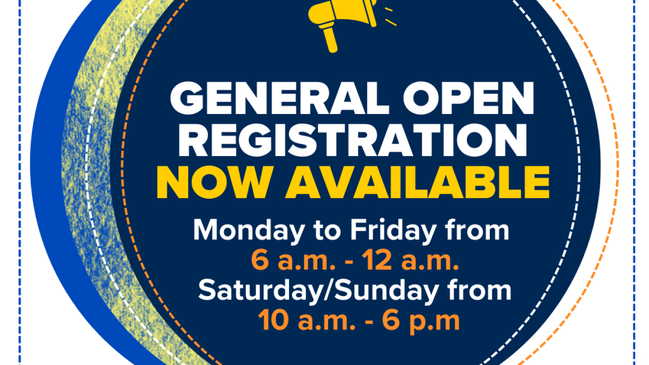A promotional graphic for UC Davis Summer Sessions announces that general open registration is now available. The design features a circular dark blue background with a yellow megaphone icon at the top. The main text reads: "general open registration" with "now available" highlighted in yellow. Below it, the hours of operation are listed: "Monday to Friday from 6 a.m. - 12 a.m." and "Saturday/Sunday from 10 a.m. - 6 p.m." The graphic also includes artistic yellow and blue design elements on the left and bot