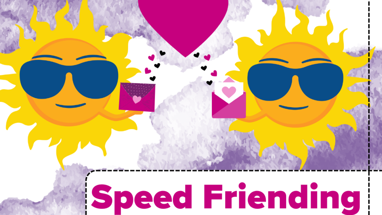A promotional flyer with a bright sunny character wearing sunglasses holding a popsicle on a blue and white background. Text reads "Otter pops in the quad" .