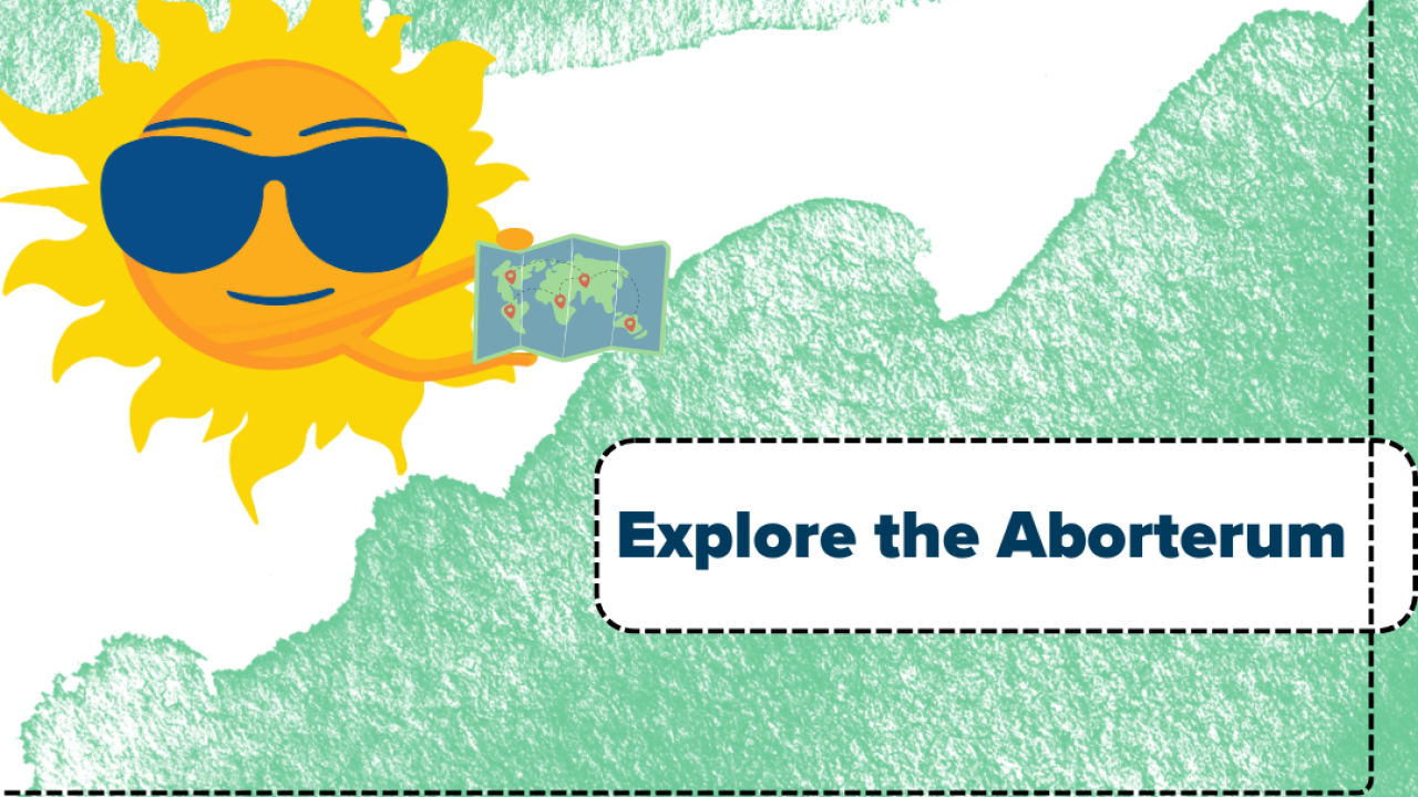 A promotional flyer with a bright sunny character wearing sunglasses holding a map on a green and white background. Text reads "Explore the Arboretum"