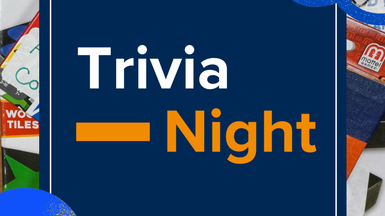 Trivia Night logo on navy square over scattered colorful board-game pieces
