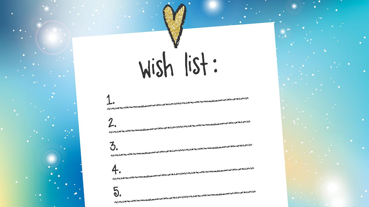Illustration of a handwritten list, with Wish List at the top, on a starry sky background.