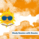 A promotional flyer with a bright sunny character wearing sunglasses and holding an opened book on a dark green and white background. Text reads "Study session with snacks) 