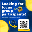 Blue background with yellow circles. The top left reads "looking for focus group participants!" with a 3D sunny holding a megaphone in the corner. Below is a QR code. 