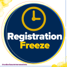 A circular graphic with a dark blue background featuring a yellow clock icon at the top. Below the clock, the words "Registration Freeze" are prominently displayed, with "Registration" in white and "Freeze" in bold yellow. The bottom left corner has the Instagram handle "@ucdavissummersessions" in purple text.