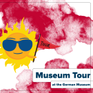 Promotional flyer for a museum tour at the Gorman Museum with a sunny character holding a museum flag. 