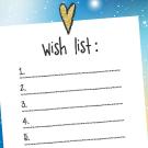 Illustration of a handwritten list, with Wish List at the top, on a starry sky background.