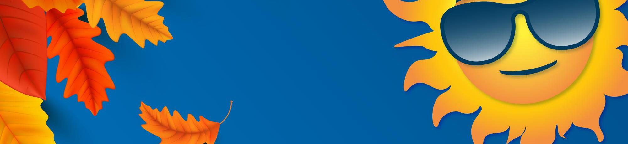 Illustration of a smiling sun wearing sunglasses on blue background with falling autumn leaves